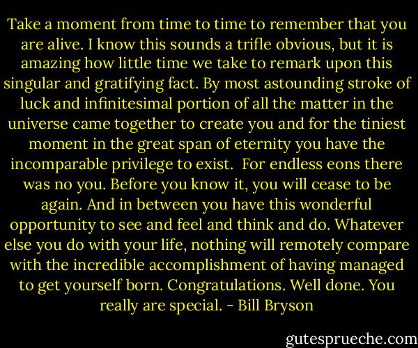 Take a moment from time to time to remember that you are alive. I know this sounds a trifle obvious, but it is amazing how little time we take to remark upon this singular and gratifying fact. By most astounding stroke of luck and infinitesimal portion of all the matter in the universe came together to create you and for the tiniest moment in the great span of eternity you have the incomparable privilege to exist.<br /><br />For endless eons there was no you. Before you know it, you will cease to be again. And in between you have this wonderful opportunity to see and feel and think and do. Whatever else you do with your life, nothing will remotely compare with the incredible accomplishment of having managed to get yourself born. Congratulations. Well done. You really are special. - Bill Bryson