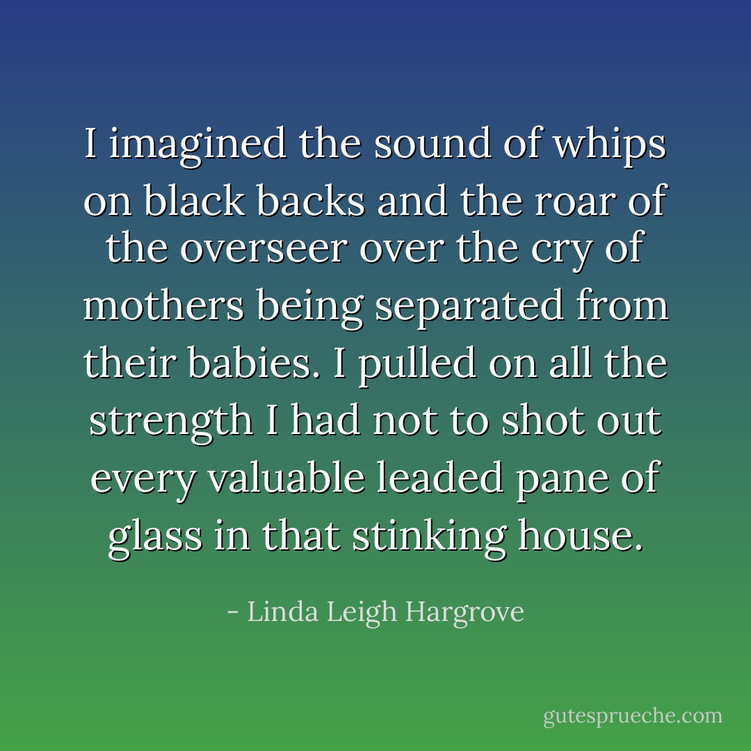 I imagined the sound of whips on black backs and the roar of the overseer over the cry of mothers being separated from their babies. I pulled on all the strength I had not to shot out every valuable leaded pane of glass in that stinking house. - Linda Leigh Hargrove