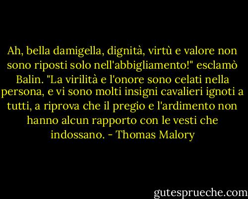 Ah, bella damigella, dignità, virtù e valore non sono riposti solo nell'abbigliamento!" esclamò Balin. "La virilità e l'onore sono celati nella persona, e vi sono molti insigni cavalieri ignoti a tutti, a riprova che il pregio e l'ardimento non hanno alcun rapporto con le vesti che indossano. - Thomas Malory