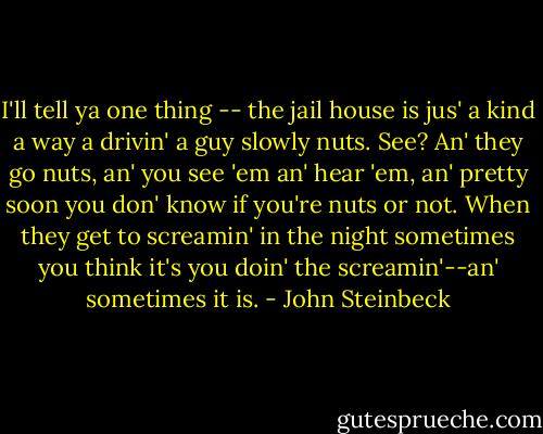 I'll tell ya one thing -- the jail house is jus' a kind a way a drivin' a guy slowly nuts. See? An' they go nuts, an' you see 'em an' hear 'em, an' pretty soon you don' know if you're nuts or not. When they get to screamin' in the night sometimes you think it's you doin' the screamin'--an' sometimes it is. - John Steinbeck