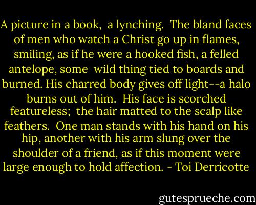 A picture in a book, <br />a lynching. <br />The bland faces of men who watch<br />a Christ go up in flames, smiling,<br />as if he were a hooked<br />fish, a felled antelope, some <br />wild thing tied to boards and burned.<br />His charred body<br />gives off light--a halo<br />burns out of him. <br />His face is scorched featureless; <br />the hair matted to the scalp like feathers. <br />One man stands with his hand on his hip,<br />another with his arm<br />slung over the shoulder of a friend,<br />as if this moment were large enough<br />to hold affection. - Toi Derricotte