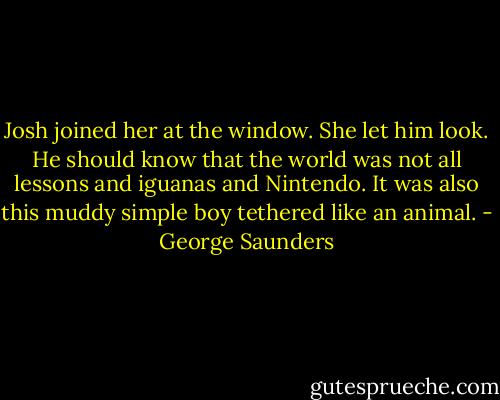 Josh joined her at the window. She let him look. He should know that the world was not all lessons and iguanas and Nintendo. It was also this muddy simple boy tethered like an animal. - George Saunders