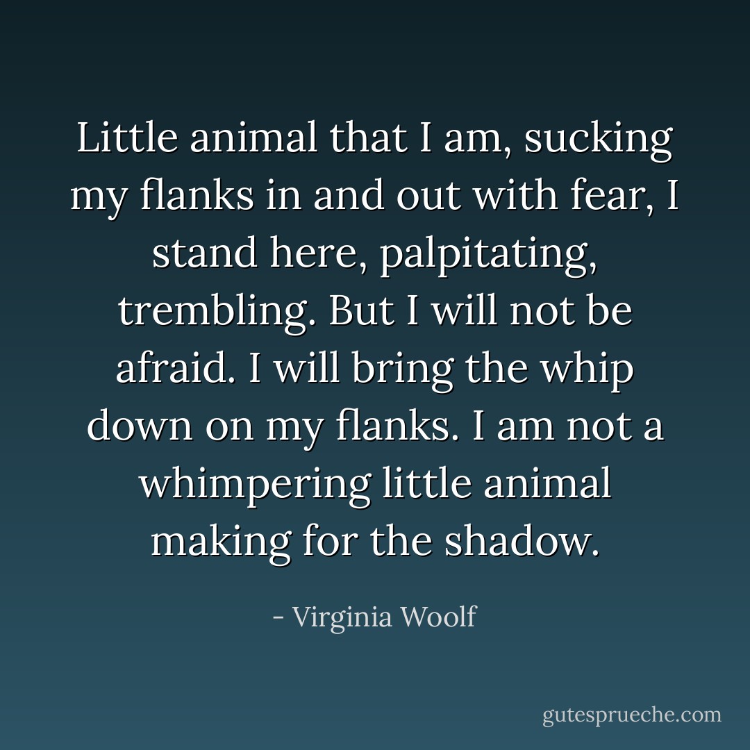 Little animal that I am, sucking my flanks in and out with fear, I stand here, palpitating, trembling. But I will not be afraid. I will bring the whip down on my flanks. I am not a whimpering little animal making for the shadow. - Virginia Woolf