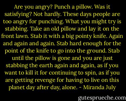 Are you angry? Punch a pillow. Was it satisfying? Not hardly. These days people are too angry for punching. What you might try is stabbing. Take an old pillow and lay it on the front lawn. Stab it with a big pointy knife. Again and again and again. Stab hard enough for the point of the knife to go into the ground. Stab until the pillow is gone and you are just stabbing the earth again and again, as if you want to kill it for continuing to spin, as if you are getting revenge for having to live on this planet day after day, alone. - Miranda July