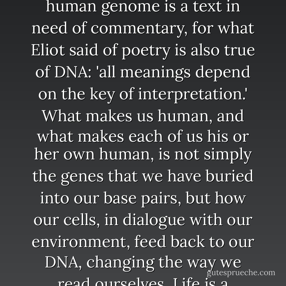 Science has discovered that, like any work of literature, the human genome is a text in need of commentary, for what Eliot said of poetry is also true of DNA: 'all meanings depend on the key of interpretation.' What makes us human, and what makes each of us his or her own human, is not simply the genes that we have buried into our base pairs, but how our cells, in dialogue with our environment, feed back to our DNA, changing the way we read ourselves. Life is a dialectic. - Jonah Lehrer