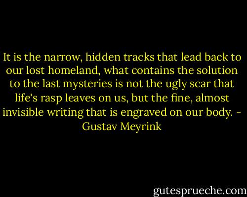 It is the narrow, hidden tracks that lead back to our lost homeland, what contains the solution to the last mysteries is not the ugly scar that life's rasp leaves on us, but the fine, almost invisible writing that is engraved on our body. - Gustav Meyrink