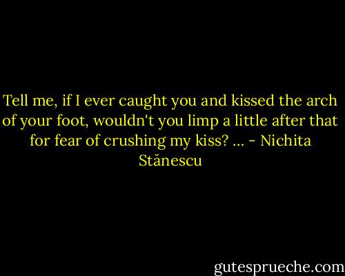 Tell me, if I ever caught you<br />and kissed the arch of your foot,<br />wouldn't you limp a little after that<br />for fear of crushing my kiss? … - Nichita Stănescu