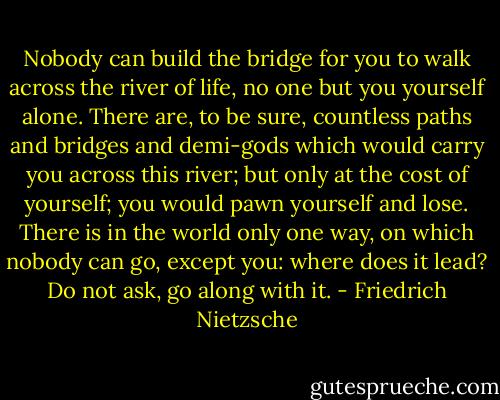 Nobody can build the bridge for you to walk across the river of life, no one but you yourself alone. There are, to be sure, countless paths and bridges and demi-gods which would carry you across this river; but only at the cost of yourself; you would pawn yourself and lose. There is in the world only one way, on which nobody can go, except you: where does it lead? Do not ask, go along with it. - Friedrich Nietzsche