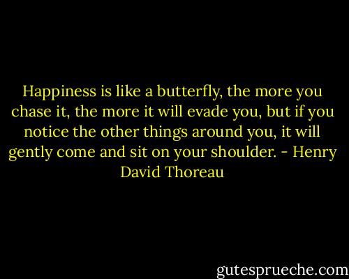 Happiness is like a butterfly, the more you chase it, the more it will evade you, but if you notice the other things around you, it will gently come and sit on your shoulder. - Henry David Thoreau
