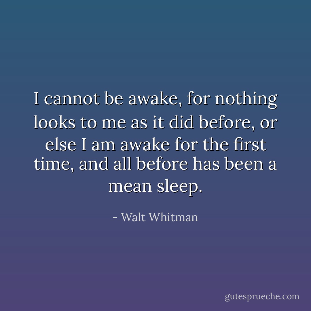 I cannot be awake, for nothing looks to me as it did before, or else I am awake for the first time, and all before has been a mean sleep. - Walt Whitman