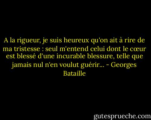 A la rigueur, je suis heureux qu'on ait à rire de ma tristesse : seul m'entend celui dont le cœur est blessé d'une incurable blessure, telle que jamais nul n'en voulut guérir... - Georges Bataille