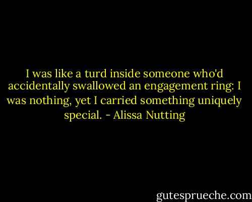 I was like a turd inside someone who'd accidentally swallowed an engagement ring: I was nothing, yet I carried something uniquely special. - Alissa Nutting