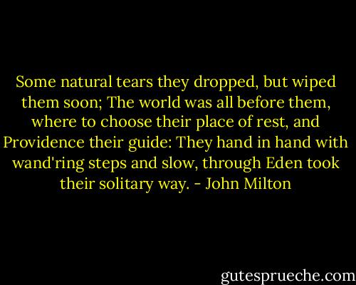 Some natural tears they dropped, but wiped them soon; The world was all before them, where to choose their place of rest, and Providence their guide: They hand in hand with wand'ring steps and slow, through Eden took their solitary way. - John Milton
