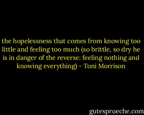 the hopelessness that comes from knowing too little and feeling too much (so brittle, so dry he is in danger of the reverse: feeling nothing and knowing everything) - Toni Morrison