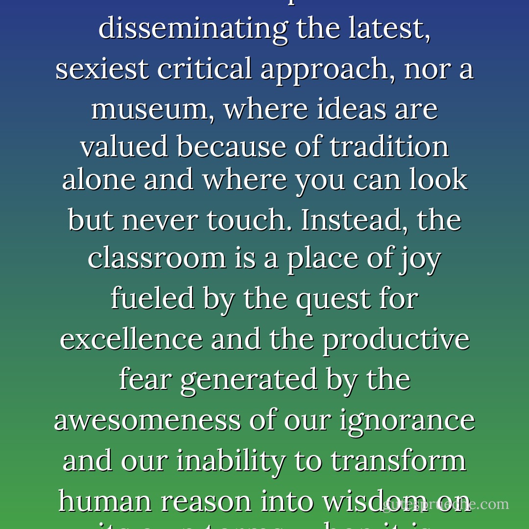 The university classroom is neither a shopping mall whose existence depends on disseminating the latest, sexiest critical approach, nor a museum, where ideas are valued because of tradition alone and where you can look but never touch. Instead, the classroom is a place of joy fueled by the quest for excellence and the productive fear generated by the awesomeness of our ignorance and our inability to transform human reason into wisdom on its own terms, when it is unhinged from a living God. - Rosaria Champagne Butterfield