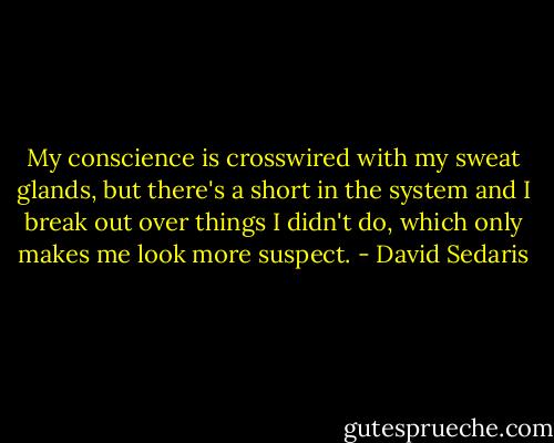 My conscience is crosswired with my sweat glands, but there's a short in the system and I break out over things I didn't do, which only makes me look more suspect. - David Sedaris