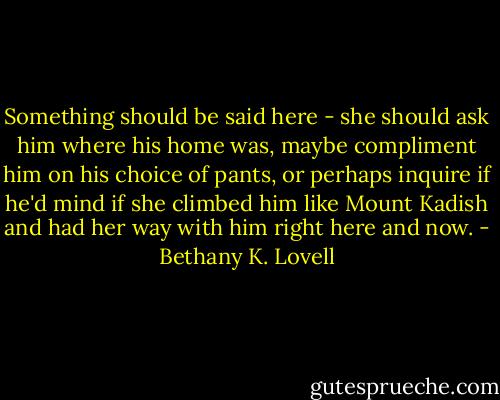 Something should be said here - she should ask him where his home was, maybe compliment him on his choice of pants, or perhaps inquire if he'd mind if she climbed him like Mount Kadish and had her way with him right here and now. - Bethany K. Lovell