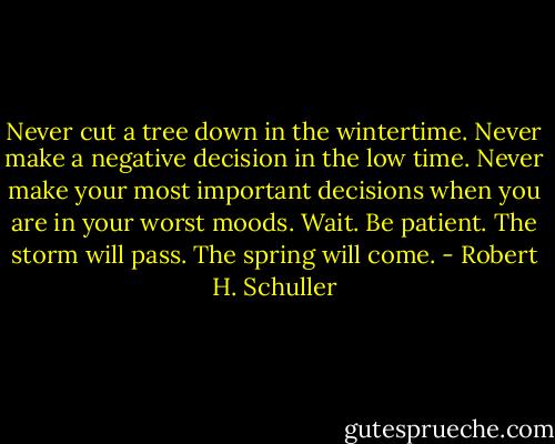 Never cut a tree down in the wintertime. Never make a negative decision in the low time. Never make your most important decisions when you are in your worst moods. Wait. Be patient. The storm will pass. The spring will come. - Robert H. Schuller