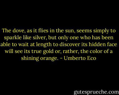 The dove, as it flies in the sun, seems simply to sparkle like silver, but only one who has been able to wait at length to discover its hidden face will see its true gold or, rather, the color of a shining orange. - Umberto Eco