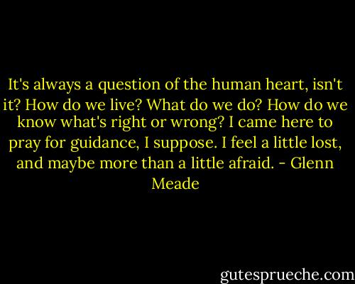 It's always a question of the human heart, isn't it? How do we live? What do we do? How do we know what's right or wrong? I came here to pray for guidance, I suppose. I feel a little lost, and maybe more than a little afraid. - Glenn Meade