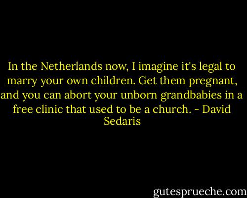 In the Netherlands now, I imagine it's legal to marry your own children. Get them pregnant, and you can abort your unborn grandbabies in a free clinic that used to be a church. - David Sedaris