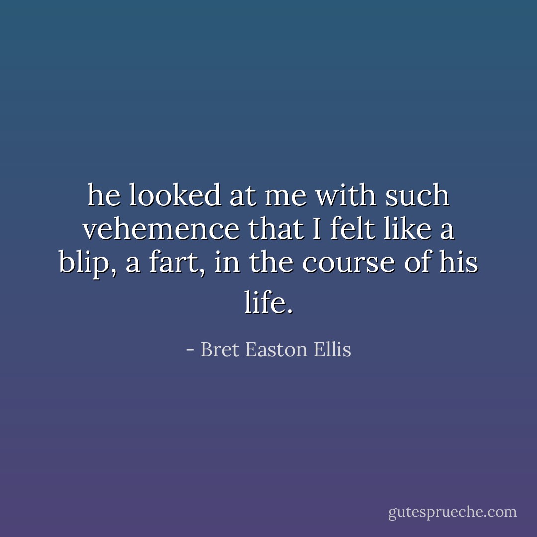 he looked at me with such vehemence that I felt like a blip, a fart, in the course of his life. - Bret Easton Ellis