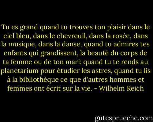 Tu es grand quand tu trouves ton plaisir dans le ciel bleu, dans le chevreuil, dans la rosée, dans la musique, dans la danse, quand tu admires tes enfants qui grandissent, la beauté du corps de ta femme ou de ton mari; quand tu te rends au planétarium pour étudier les astres, quand tu lis à la bibliothèque ce que d'autres hommes et femmes ont écrit sur la vie. - Wilhelm Reich