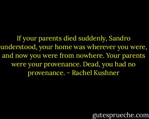 If your parents died suddenly, Sandro understood, your home was wherever you were, and now you were from nowhere. Your parents were your provenance. Dead, you had no provenance. - Rachel Kushner