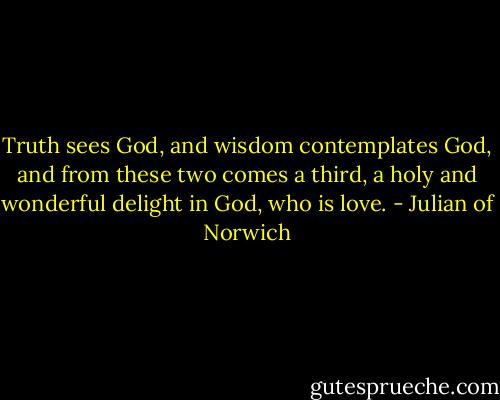 Truth sees God, and wisdom contemplates God, and from these two comes a third, a holy and wonderful delight in God, who is love. - Julian of Norwich