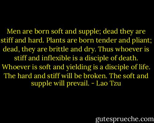 Men are born soft and supple; dead they are stiff and hard. Plants are born tender and pliant; dead, they are brittle and dry. Thus whoever is stiff and inflexible is a disciple of death. Whoever is soft and yielding is a disciple of life. The hard and stiff will be broken. The soft and supple will prevail. - Lao Tzu