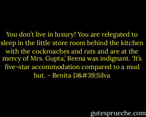 You don’t live in luxury! You are relegated to sleep in the little store room behind the kitchen with the cockroaches and rats and are at the mercy of Mrs. Gupta,’ Reena was indignant. ‘It’s five-star accommodation compared to a mud hut. - Renita D'Silva