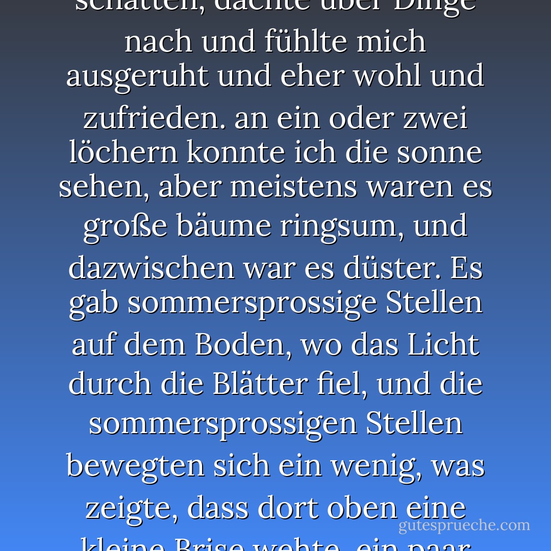 die sonne stand so hoch, als ich aufwachte, dass ich schätzte, es sei schon nach acht Uhr. ich lag im gras und im kühlen schatten, dachte über Dinge nach und fühlte mich ausgeruht und eher wohl und zufrieden. an ein oder zwei löchern konnte ich die sonne sehen, aber meistens waren es große bäume ringsum, und dazwischen war es düster. Es gab sommersprossige Stellen auf dem Boden, wo das Licht durch die Blätter fiel, und die sommersprossigen Stellen bewegten sich ein wenig, was zeigte, dass dort oben eine kleine Brise wehte. ein paar Eichhörnchen setzten sich auf einen Ast und plapperten mich freundlich an. - Mark Twain<