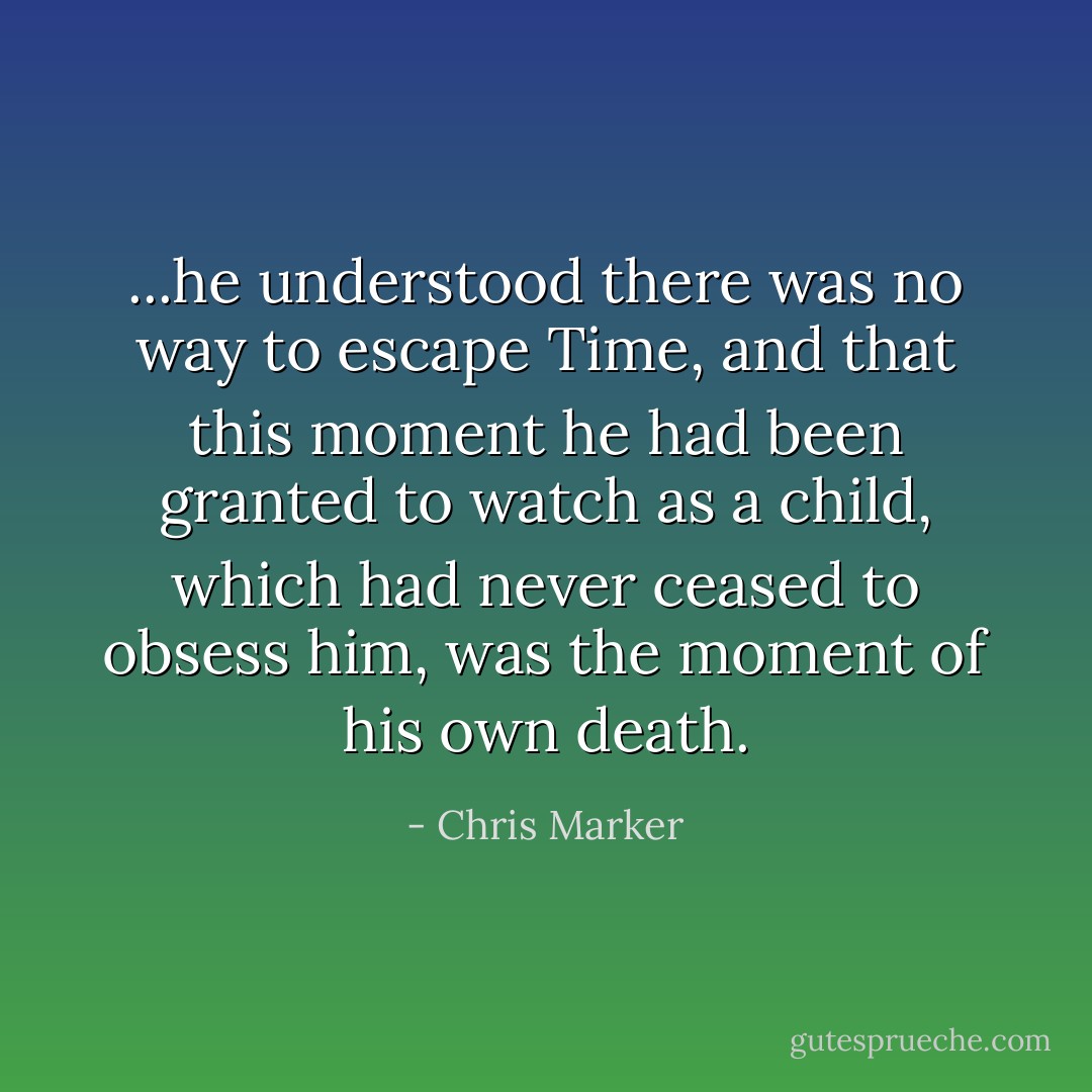 ...he understood there was no way to escape Time, and that this moment he had been granted to watch as a child, which had never ceased to obsess him, was the moment of his own death. - Chris Marker