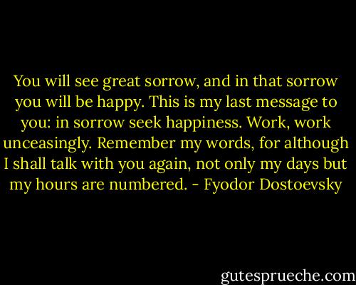 You will see great sorrow, and in that sorrow you will be happy. This is my last message to you: in sorrow seek happiness. Work, work unceasingly. Remember my words, for although I shall talk with you again, not only my days but my hours are numbered. - Fyodor Dostoevsky