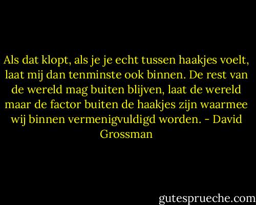 Als dat klopt, als je je echt tussen haakjes voelt, laat mij dan tenminste ook binnen. De rest van de wereld mag buiten blijven, laat de wereld maar de factor buiten de haakjes zijn waarmee wij binnen vermenigvuldigd worden. - David Grossman