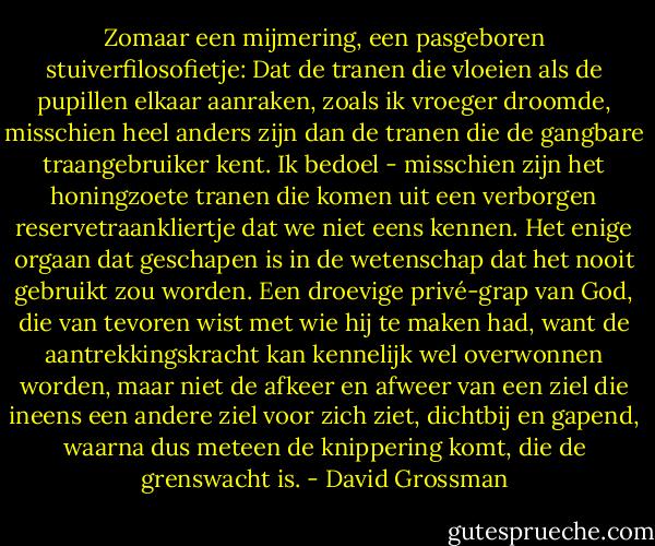 Zomaar een mijmering, een pasgeboren stuiverfilosofietje:<br />Dat de tranen die vloeien als de pupillen elkaar aanraken, zoals ik vroeger droomde, misschien heel anders zijn dan de tranen die de gangbare traangebruiker kent. Ik bedoel - misschien zijn het honingzoete tranen die komen uit een verborgen reservetraankliertje dat we niet eens kennen. Het enige orgaan dat geschapen is in de wetenschap dat het nooit gebruikt zou worden. Een droevige privé-grap van God, die van tevoren wist met wie hij te maken had, want de aantrekkingskracht kan kennelijk wel overwonnen worden, maar niet de afkeer en afweer van een ziel die ineens een andere ziel voor zich ziet, dichtbij en gapend, waarna dus meteen de knippering komt, die de grenswacht is. - David Grossman