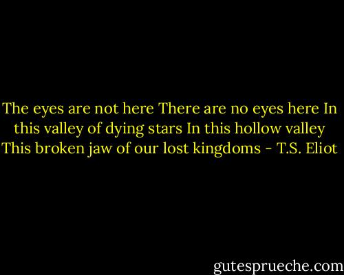 The eyes are not here<br />There are no eyes here<br />In this valley of dying stars<br />In this hollow valley<br />This broken jaw of our lost kingdoms - T.S. Eliot