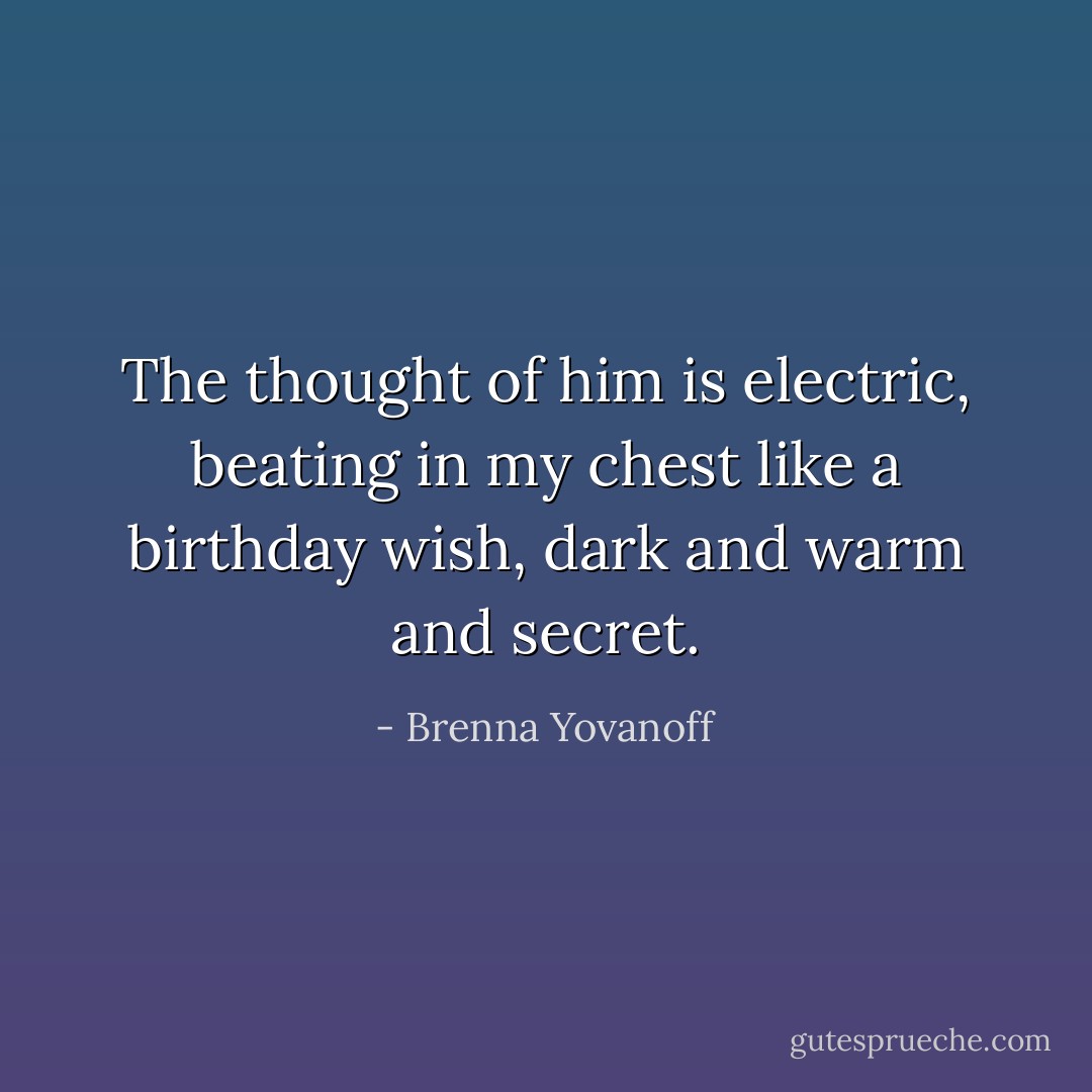 The thought of him is electric, beating in my chest like a birthday wish, dark and warm and secret. - Brenna Yovanoff
