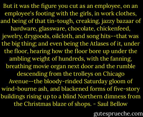 But it was the figure you cut as an employee, on an employee's footing with the girls, in work clothes, and being of that tin-tough, creaking, jazzy bazaar of hardware, glassware, chocolate, chickenfeed, jewelry, drygoods, oilcloth, and song hits--that was the big thing; and even being the Atlases of it, under the floor, hearing how the floor bore up under the ambling weight of hundreds, with the fanning, breathing movie organ next door and the rumble descending from the trolleys on Chicago Avenue--the bloody-rinded Saturday gloom of wind-bourne ash, and blackened forms of five-story buildings rising up to a blind Northern dimness from the Christmas blaze of shops. - Saul Bellow