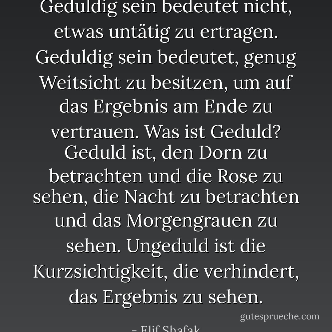 Geduldig sein bedeutet nicht, etwas untätig zu ertragen. Geduldig sein bedeutet, genug Weitsicht zu besitzen, um auf das Ergebnis am Ende zu vertrauen. Was ist Geduld? Geduld ist, den Dorn zu betrachten und die Rose zu sehen, die Nacht zu betrachten und das Morgengrauen zu sehen. Ungeduld ist die Kurzsichtigkeit, die verhindert, das Ergebnis zu sehen. - Elif Shafak