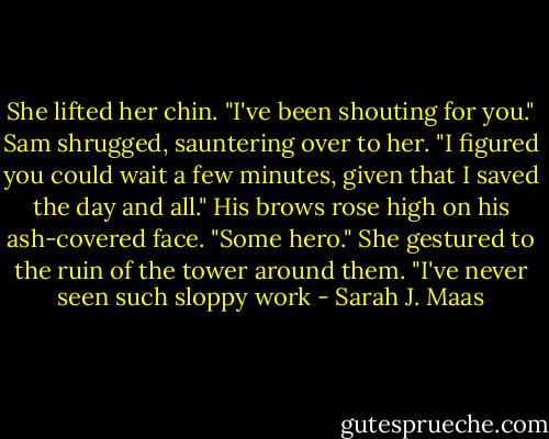 She lifted her chin. "I've been shouting for you."<br />Sam shrugged, sauntering over to her. "I figured you could wait a few minutes, given that I saved the day and all." His brows rose high on his ash-covered face.<br />"Some hero." She gestured to the ruin of the tower around them. "I've never seen such sloppy work - Sarah J. Maas