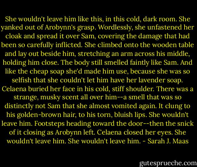 She wouldn't leave him like this, in this cold, dark room.<br />She yanked out of Arobynn's grasp. Wordlessly, she unfastened her cloak and spread it over Sam, covering the damage that had been so carefully inflicted. She climbed onto the wooden table and lay out beside him, stretching an arm across his middle, holding him close.<br />The body still smelled faintly like Sam. And like the cheap soap she'd made him use, because she was so selfish that she couldn't let him have her lavender soap.<br />Celaena buried her face in his cold, stiff shoulder. There was a strange, musky scent all over him--a smell that was so distinctly not Sam that she almost vomited again. It clung to his golden-brown hair, to his torn, bluish lips.<br />She wouldn't leave him.<br />Footsteps heading toward the door--then the snick of it closing as Arobynn left.<br />Celaena closed her eyes. She wouldn't leave him.<br />She wouldn't leave him. - Sarah J. Maas