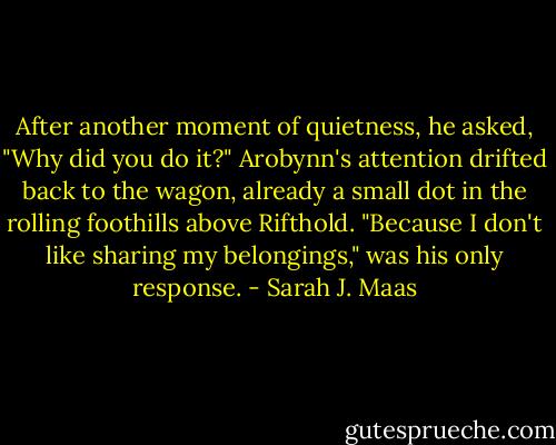 After another moment of quietness, he asked, "Why did you do it?"<br />Arobynn's attention drifted back to the wagon, already a small dot in the rolling foothills above Rifthold. "Because I don't like sharing my belongings," was his only response. - Sarah J. Maas