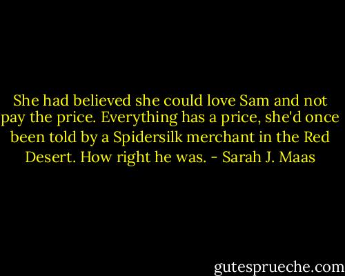 She had believed she could love Sam and not pay the price. Everything has a price, she'd once been told by a Spidersilk merchant in the Red Desert. How right he was. - Sarah J. Maas
