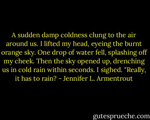 A sudden damp coldness clung to the air around us. I lifted my head, eyeing the burnt orange sky. One drop of water fell, splashing off my cheek. Then the sky opened up, drenching us in cold rain within seconds.<br />I sighed. "Really, it has to rain? - Jennifer L. Armentrout