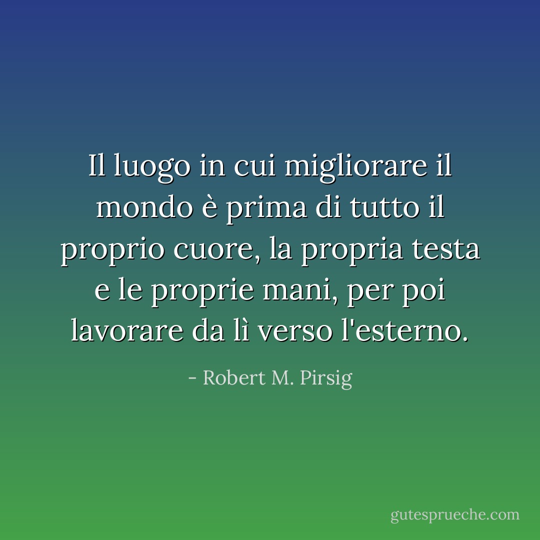 Il luogo in cui migliorare il mondo è prima di tutto il proprio cuore, la propria testa e le proprie mani, per poi lavorare da lì verso l'esterno. - Robert M. Pirsig
