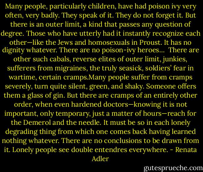Many people, particularly children, have had poison ivy very often, very badly. They speak of it. They do not forget it. But there is an outer limit, a kind that passes any question of degree. Those who have utterly had it instantly recognize each other—like the Jews and homosexuals in Proust. It has no dignity whatever. There are no poison-ivy heroes…<br /><br />There are other such cabals, reverse elites of outer limit, junkies, sufferers from migraines, the truly seasick, soldiers’ fear in wartime, certain cramps.Many people suffer from cramps severely, turn quite silent, green, and shaky. Someone offers them a glass of gin. But there are cramps of an entirely other order, when even hardened doctors—knowing it is not important, only temporary, just a matter of hours—reach for the Demerol and the needle. It must be so in each lonely degrading thing from which one comes back having learned nothing whatever. There are no conclusions to be drawn from it. Lonely people see double entendres everywhere. - Renata Adler