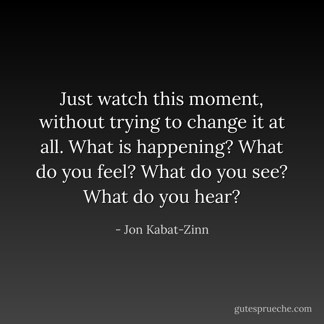 Just watch this moment, without trying to change it at all. What is happening? What do you feel? What do you see? What do you hear? - Jon Kabat-Zinn