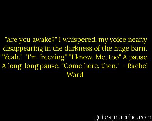  "Are you awake?" I whispered, my voice nearly disappearing in the darkness of the huge barn.<br />"Yeah." <br />"I'm freezing."<br />"I know. Me, too" A pause. A long, long pause. "Come here, then."  - Rachel Ward