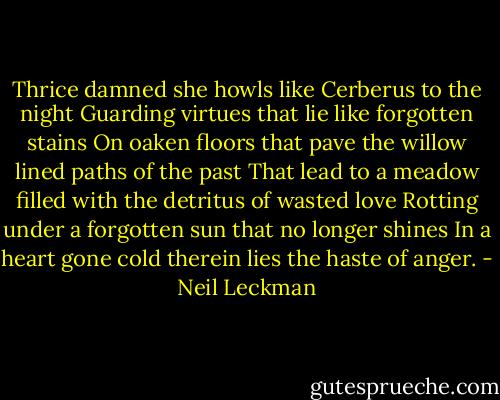 Thrice damned she howls like Cerberus to the night<br />Guarding virtues that lie like forgotten stains<br />On oaken floors that pave the willow lined paths of the past<br />That lead to a meadow filled with the detritus of wasted love<br />Rotting under a forgotten sun that no longer shines<br />In a heart gone cold therein lies the haste of anger. - Neil Leckman